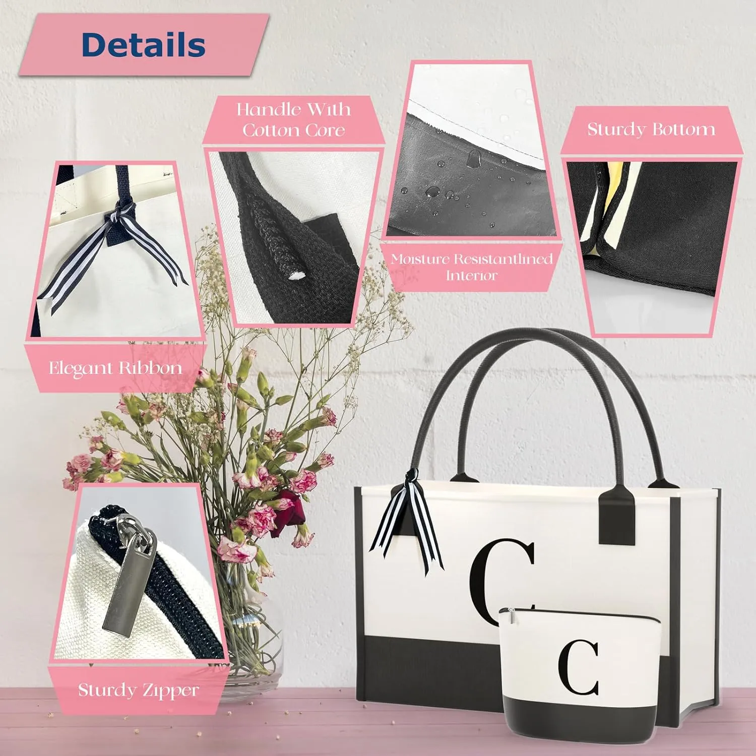 Monogrammed Canvas Tote Bag with Zipper Pockets - Ideal Gift for Mom, Teacher, Sister