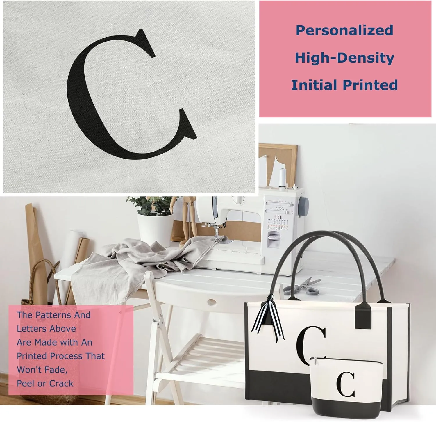 Monogrammed Canvas Tote Bag with Zipper Pockets - Ideal Gift for Mom, Teacher, Sister