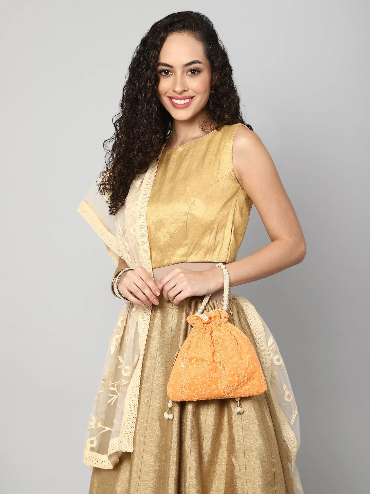 Orange Chikankari Potli For Womens