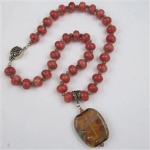 Pink Gemstone and Handmade Lampwork Pendant Necklace