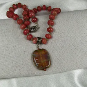 Pink Gemstone and Handmade Lampwork Pendant Necklace