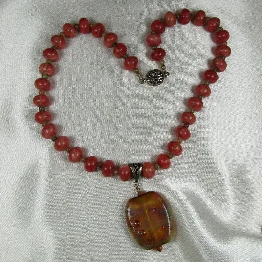 Pink Gemstone and Handmade Lampwork Pendant Necklace