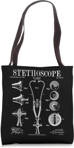 Stethoscope Old Vintage Patent Drawing Print Doctor Nurse Tote Bag