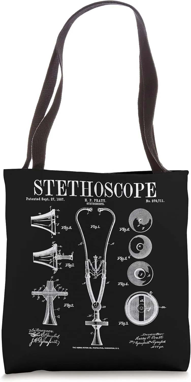 Stethoscope Old Vintage Patent Drawing Print Doctor Nurse Tote Bag