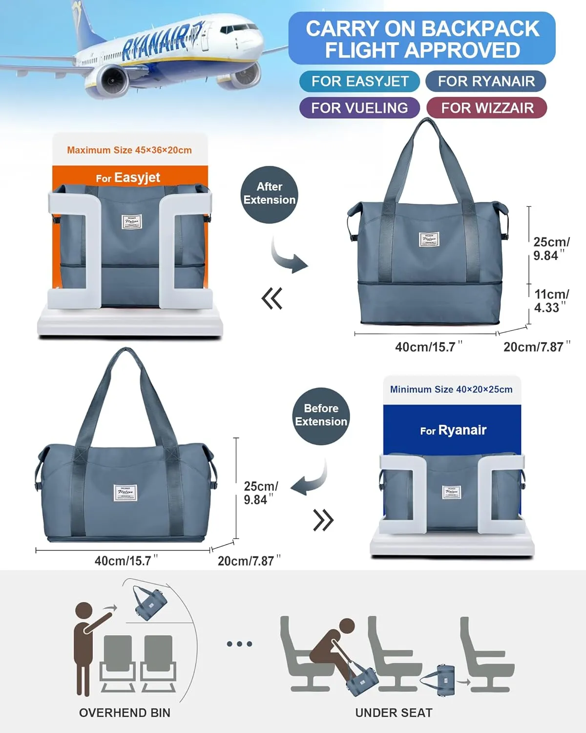Travel Duffel Bags for Women, Shoulder Weekender Bag with Trolley Sleeve, Sport Gym Tote Bags for Men, 18x14x8 Foldie Travel Bag Expandable Carry On Overnight Bags for airplanesJewelBlue