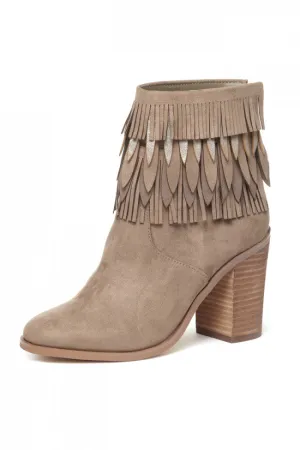 Yellow Box Sunny Taupe Suede Boho Chik Layered Fringe Stacked Heel Ankle Bootie