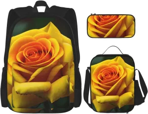 Yellow Rose Picture Print Pencil Case Lightweight Casual Fashion Backpack Lunch Bag Large Capacity Travel Bag